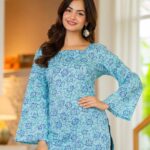 Women's Printed Bell Sleeve Lace-up Back Top